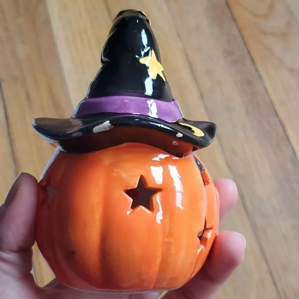 Ceramic pumpkin Halloween witch‎ hat candle holder